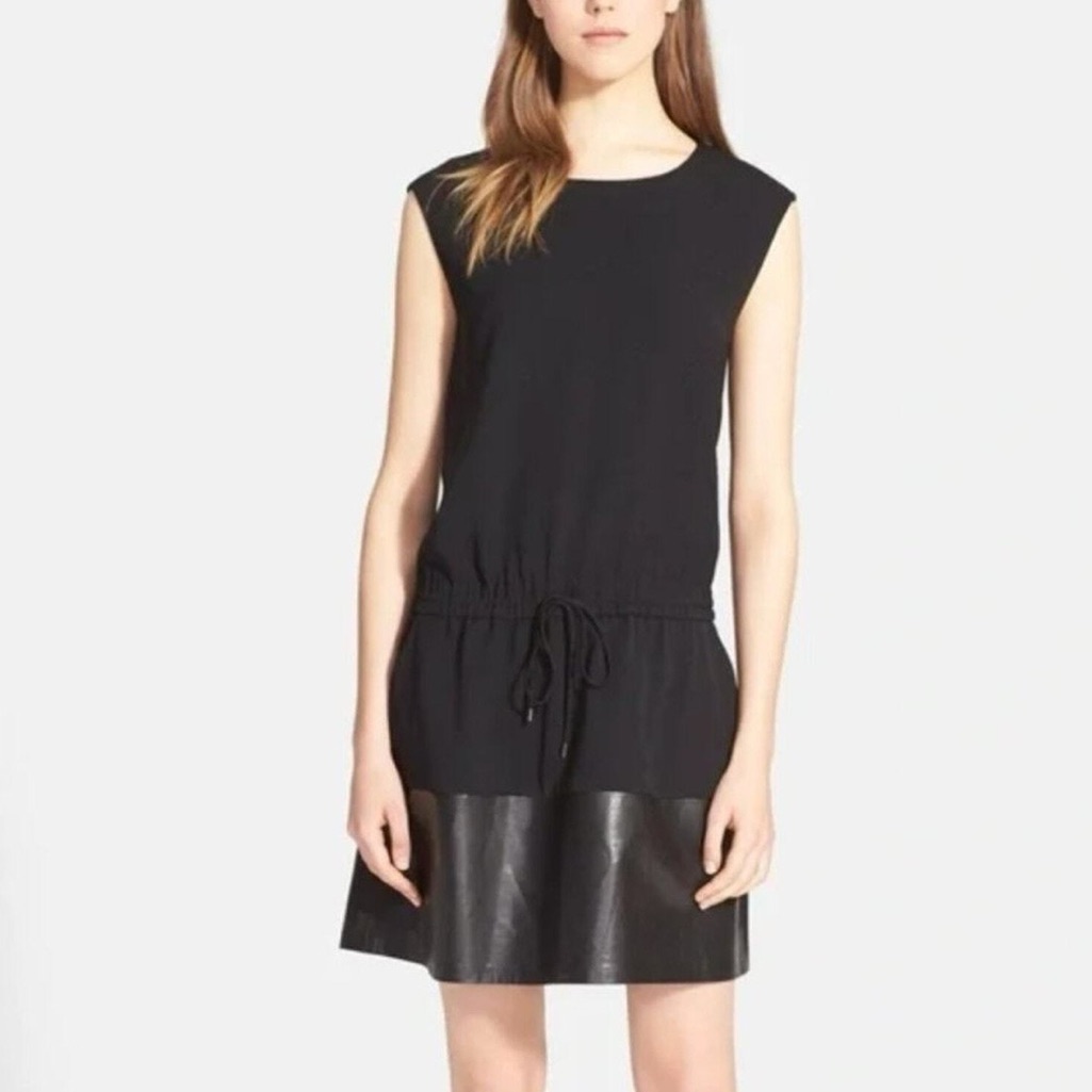 Vince Lambskin Hem Dress Women’s Medium Black Contrast Band Drawstring Pockets